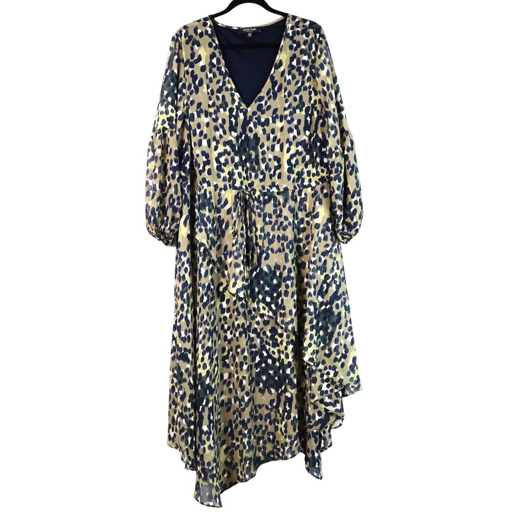 Arna York Dress V Neck Balloon Sleeve Asymmetrical Hem Tiered Layered Plus 22/24
